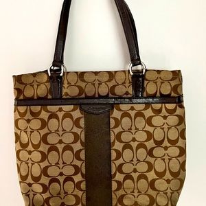 COACH TAN & BROWN SIGNATURE DESIGN WITH BROWN PATENT LEATHER TRIM & HANDLES